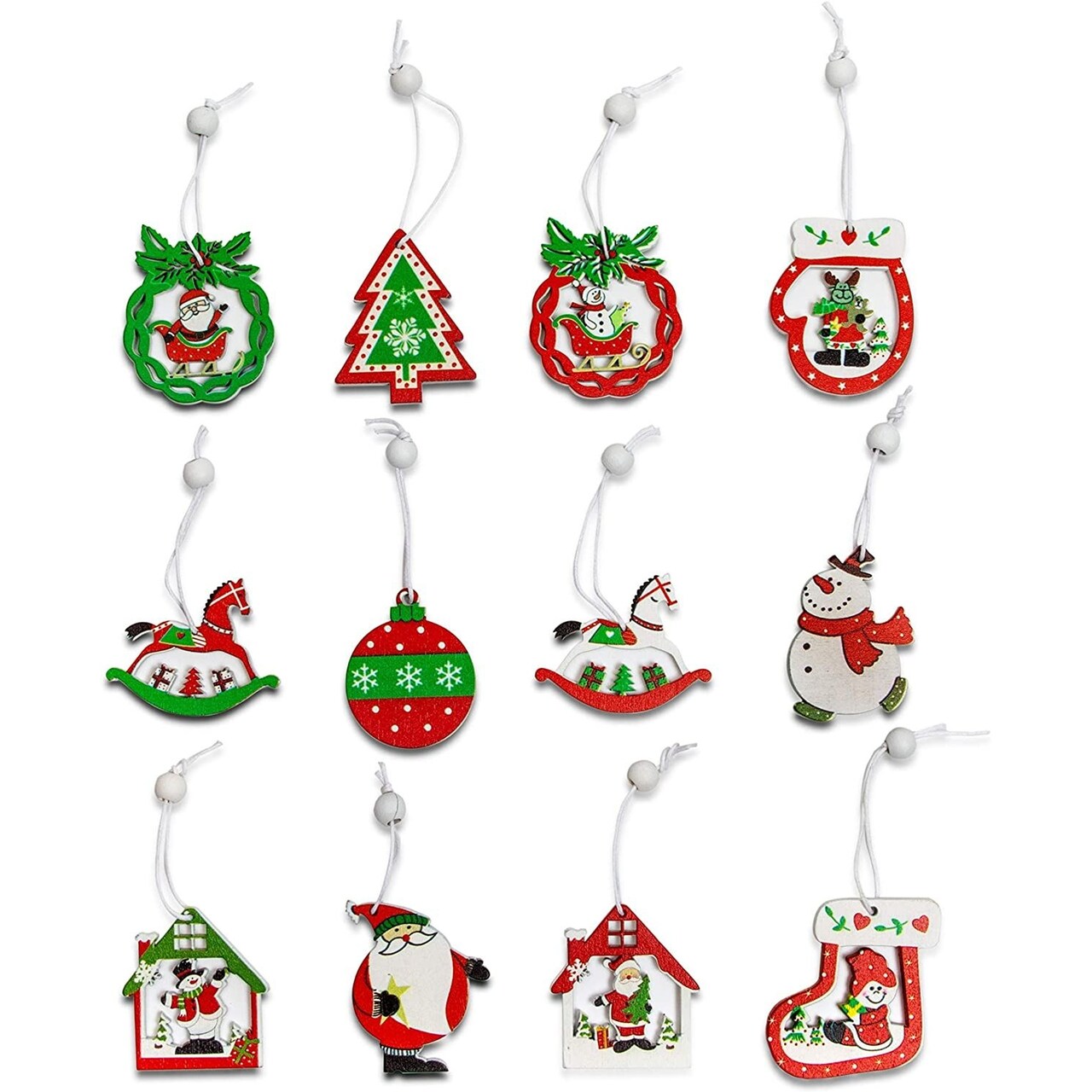 Wooden Christmas Tree Ornaments Set (Red, Green, White 1.8 x 2 in, 24 Pack)